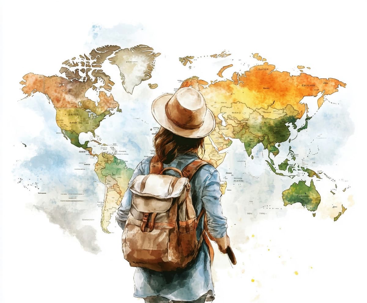 Image of a woman with a backpack and a hat in front of a watercolor world map.