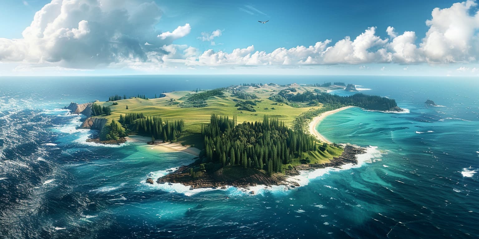 An AI-generated image of Norfolk island from above, showing the ocean surrounding the grassy, hilly island with pine trees covering the southern tip.