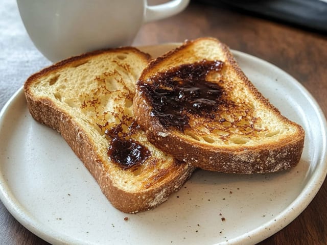 Vegemite on toast with a flat white cofee